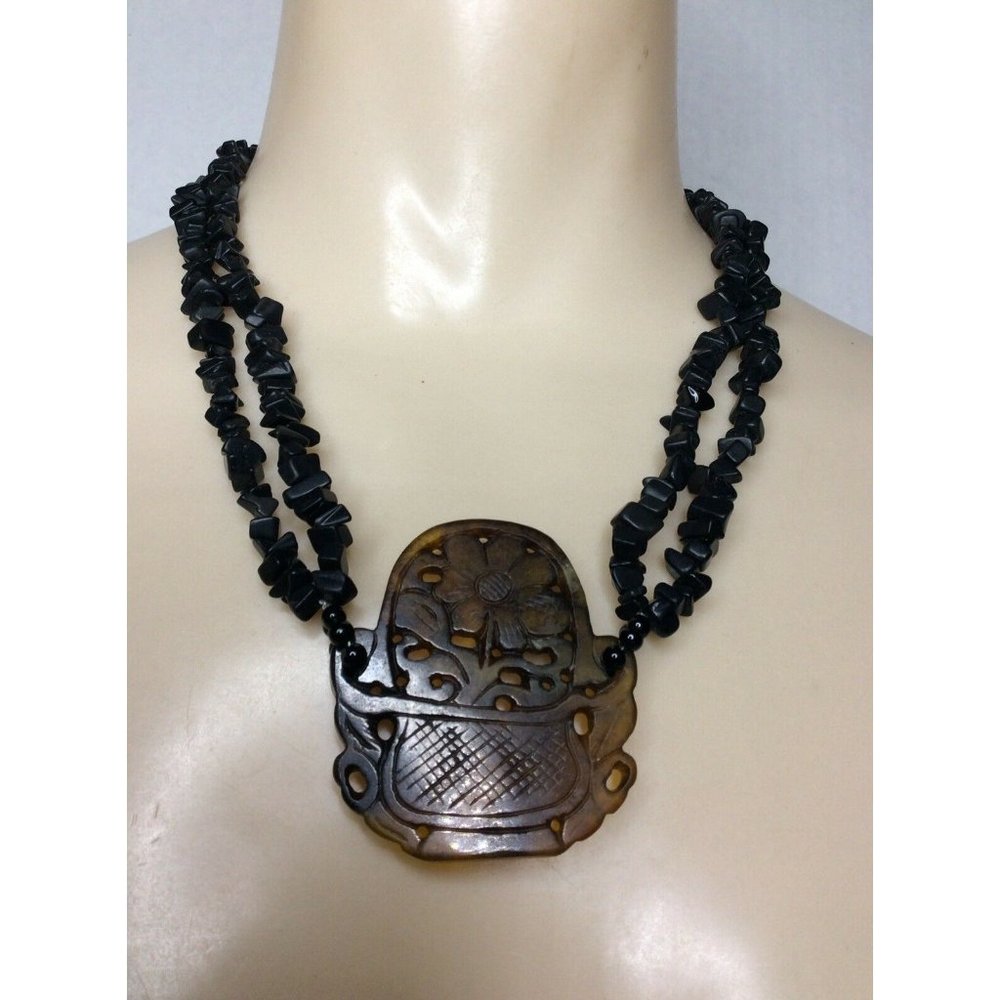 Flower Basket Carved stone Black Beaded beads handmade Pendant Necklace